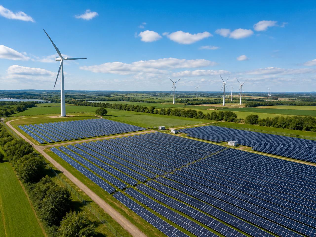 Aerial view of a solar farm beside wind turbines in green countryside